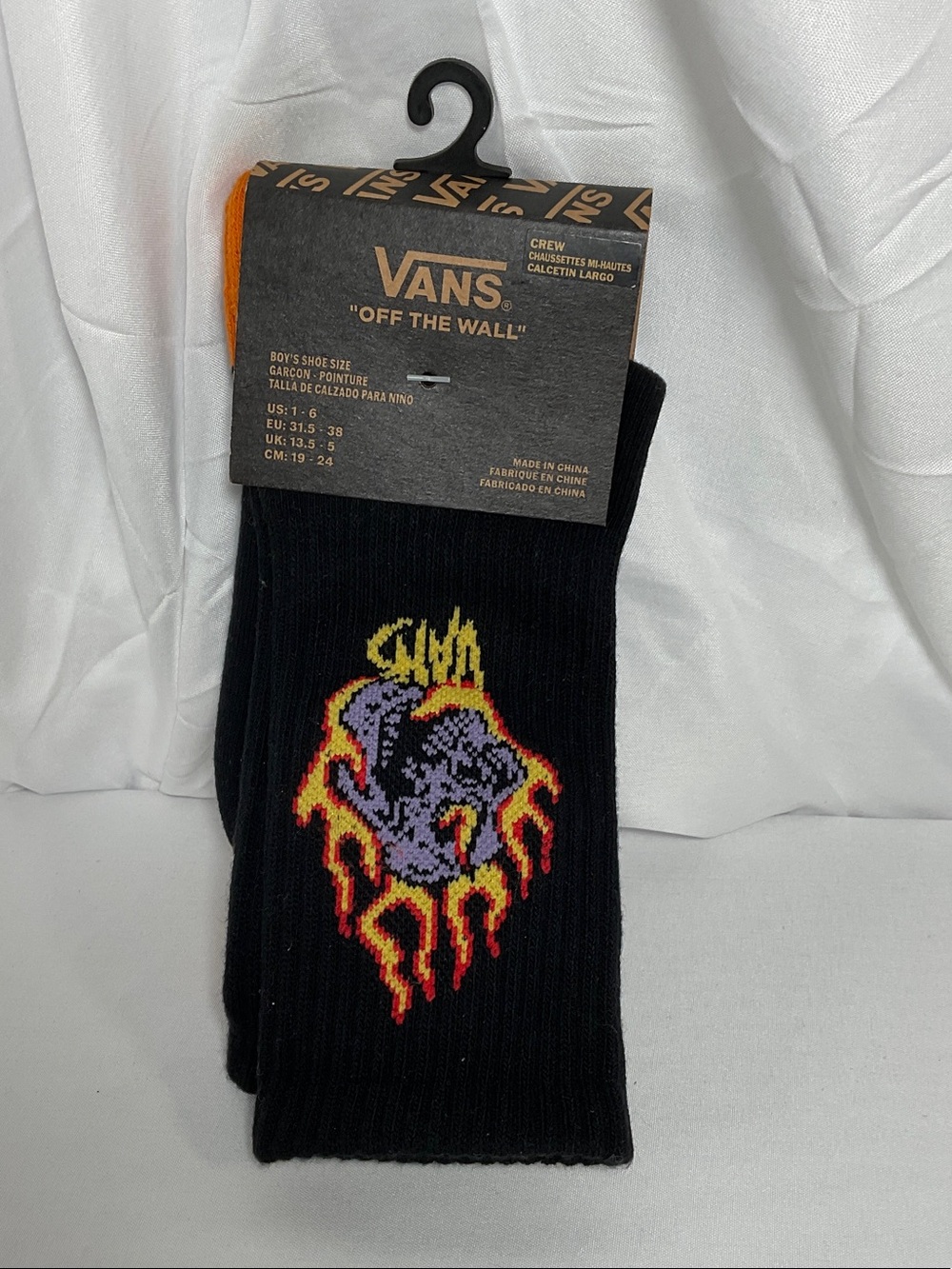 Vans Black Crew Socks with Purple Skull and Red-Orange Flames